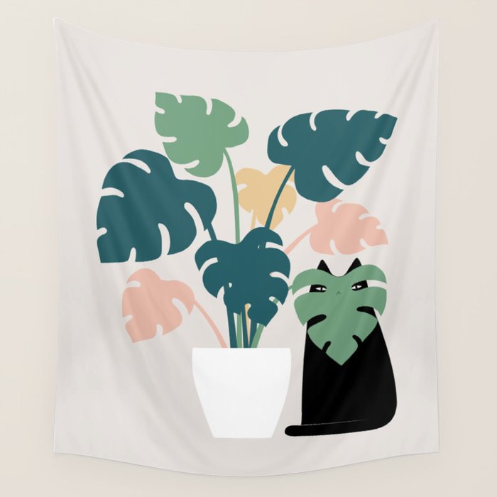 Cat and Plant 21: Leaf Me Alone Wall Tapestry Gallery Image 4