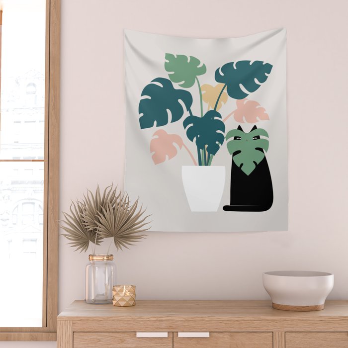 Cat and Plant 21: Leaf Me Alone Wall Tapestry Gallery Image 2