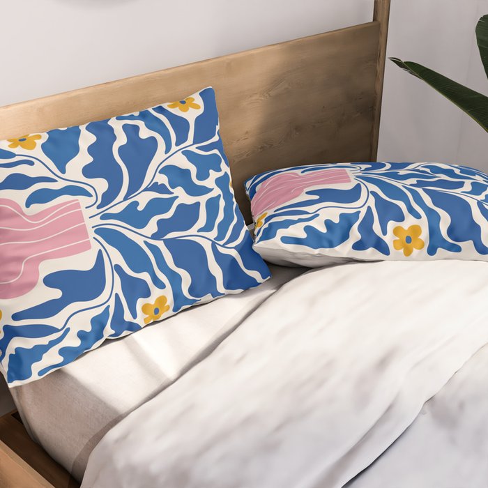 Summer Bloom: Electric Blue Leaves & Golden Poppies Pillow Sham Gallery Image 2