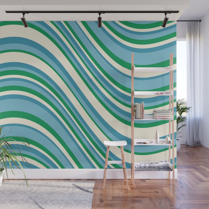 Wavy Stripes XXVII - Beachy Blue and Green Wall Mural Gallery Image 1