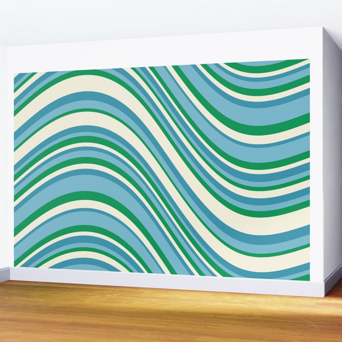 Wavy Stripes XXVII - Beachy Blue and Green Wall Mural Gallery Image 2