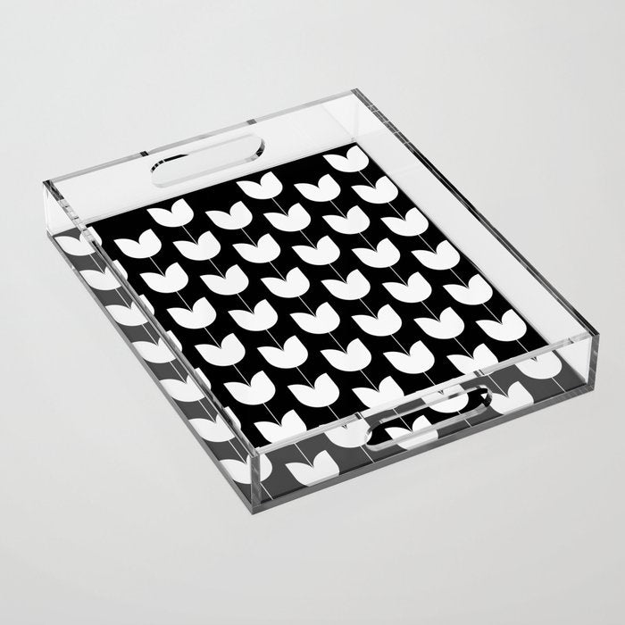Spring Tulips IV Black and White Mid Century Flowers Acrylic Tray Gallery Image 1