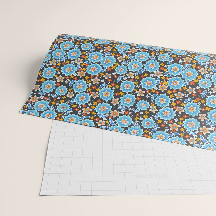 Blue Floral Retro Wrapping Paper Gallery Image 2