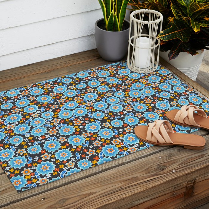 Blue Floral Retro Outdoor Rug Gallery Image 2