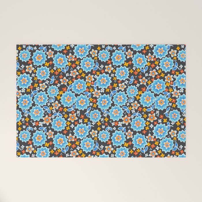 Blue Floral Retro Welcome Mat Gallery Image 1