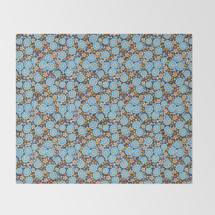Blue Floral Retro Throw Blanket Gallery Image 2