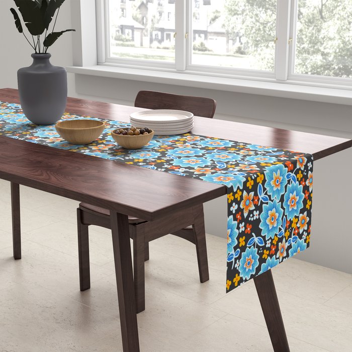 Blue Floral Retro Table Runner Gallery Image 2
