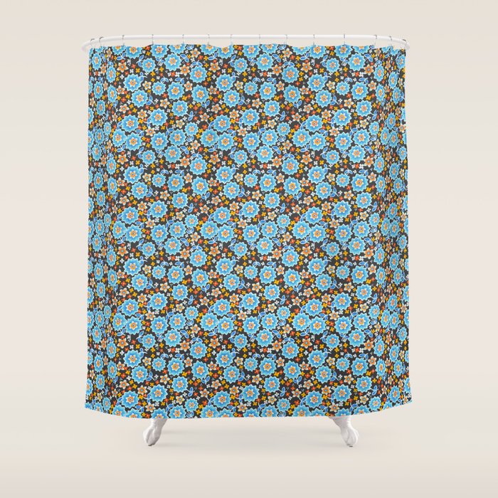 Blue Floral Retro Shower Curtain Gallery Image 1