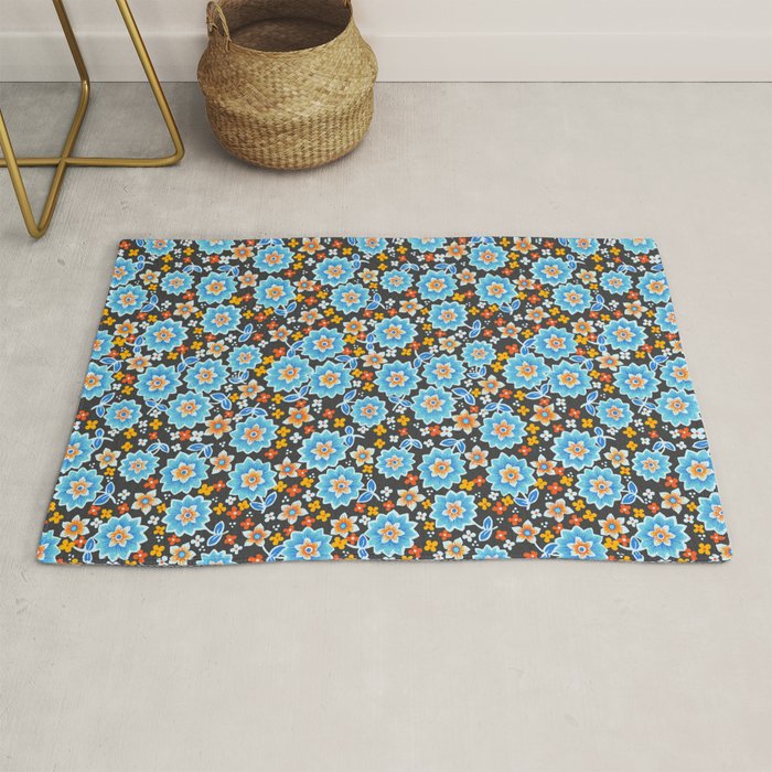 Blue Floral Retro Rug Gallery Image 1