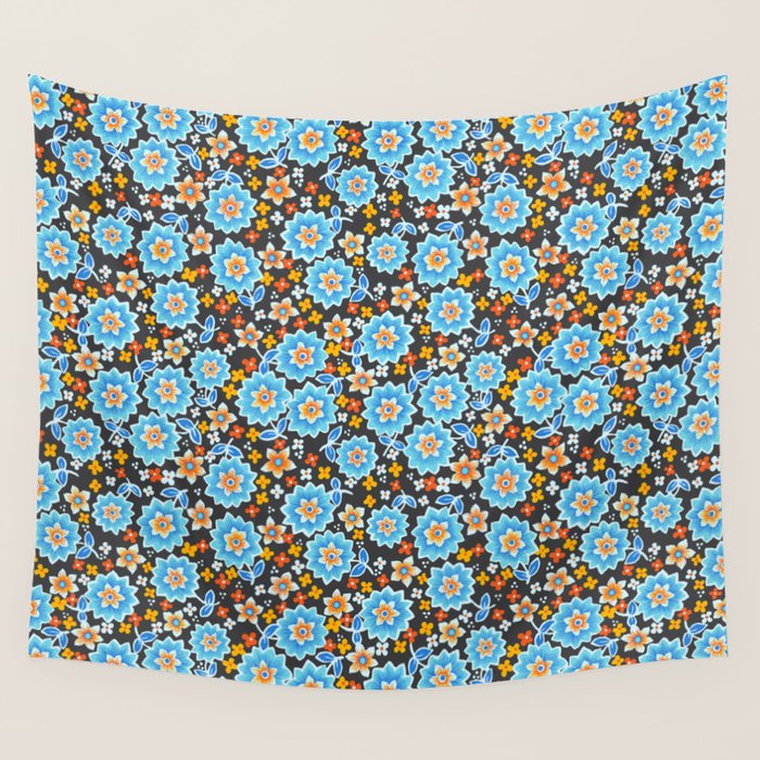 Blue Floral Retro Wall Tapestry Gallery Image 4