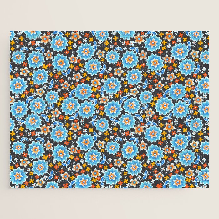 Blue Floral Retro Jigsaw Puzzle Gallery Image 1