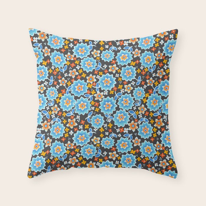 Blue Floral Retro Throw Pillow Gallery Image 1
