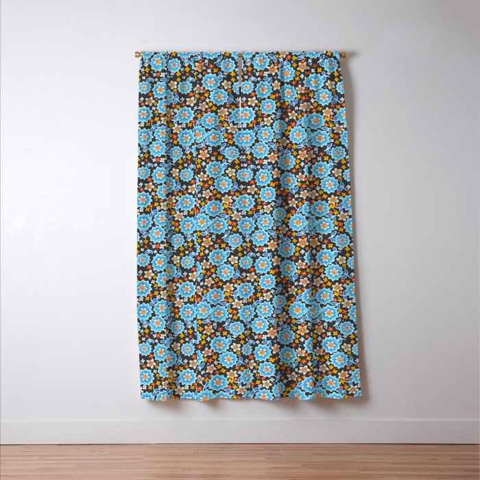 Blue Floral Retro Window Curtain Gallery Image 3