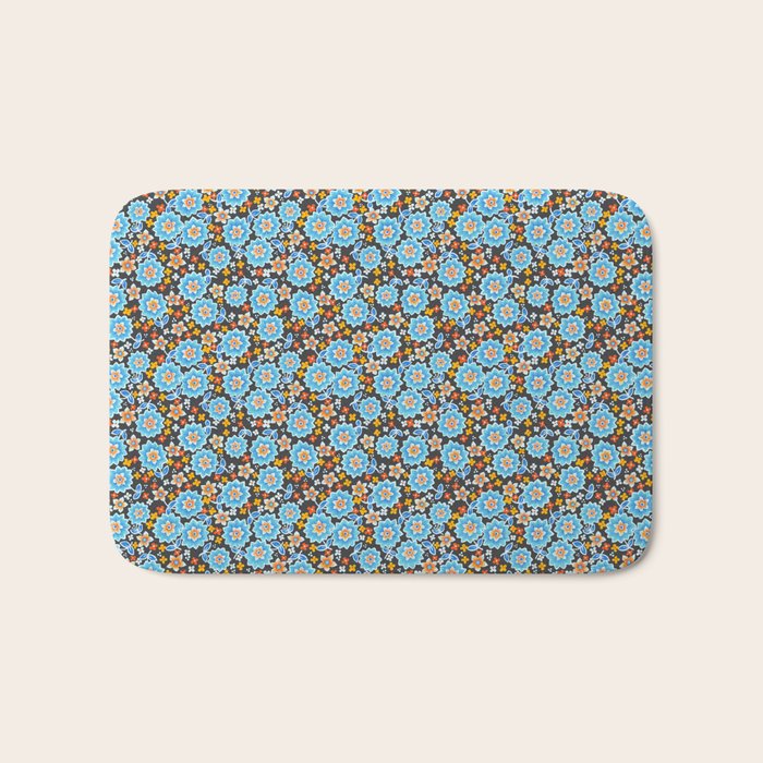 Blue Floral Retro Bath Mat Gallery Image 1