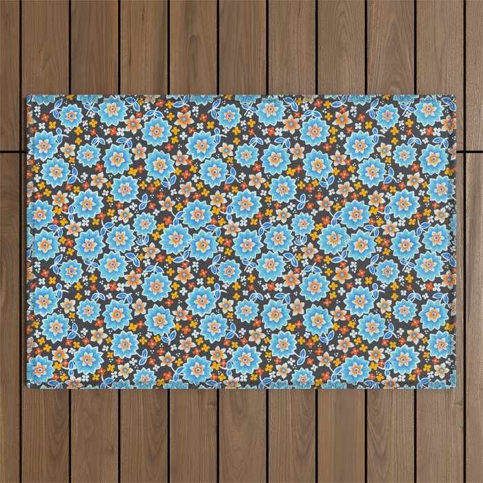 Blue Floral Retro Outdoor Rug Gallery Image 1