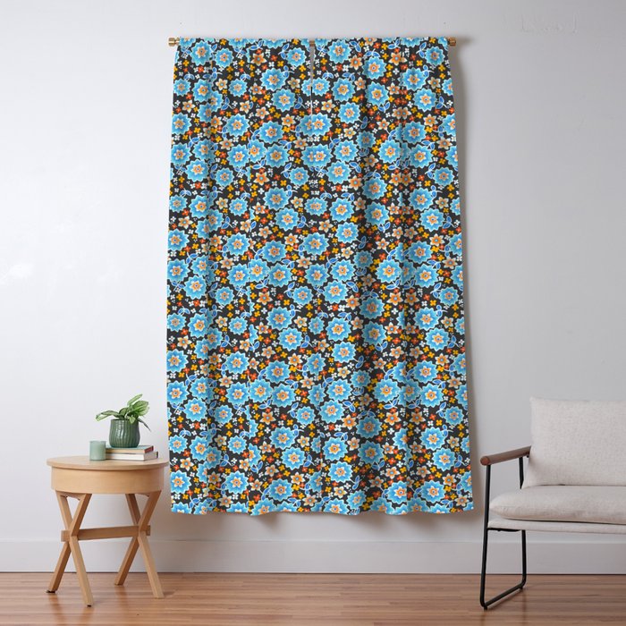 Blue Floral Retro Window Curtain Gallery Image 5