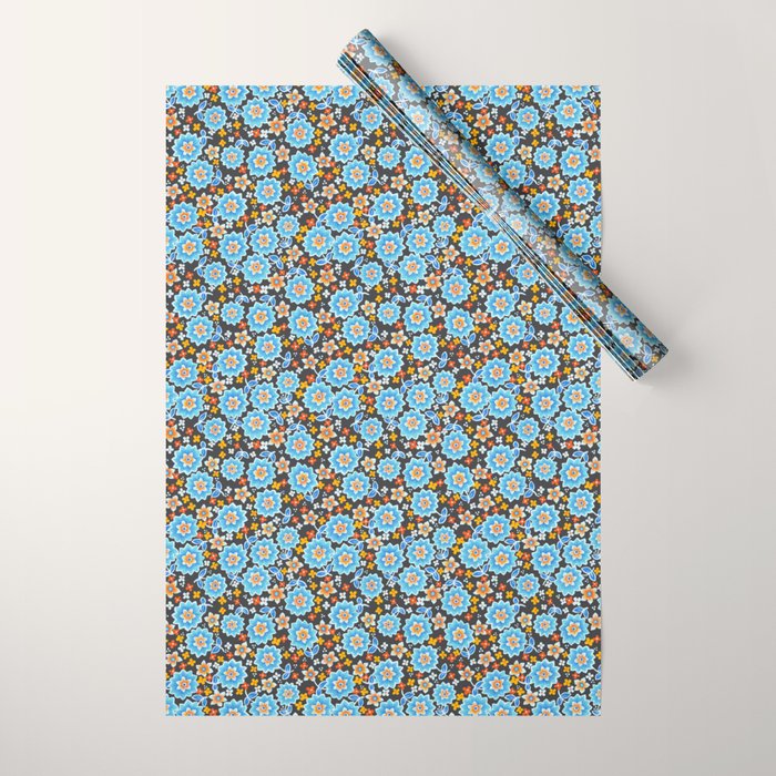 Blue Floral Retro Wrapping Paper Gallery Image 1