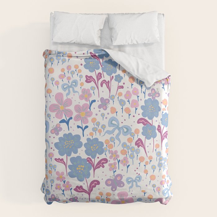 Playful Floral Garden Pattern  Pink Blue and Lavender Flowers with Butterflies and Bows Duvet Cover Gallery Image 1