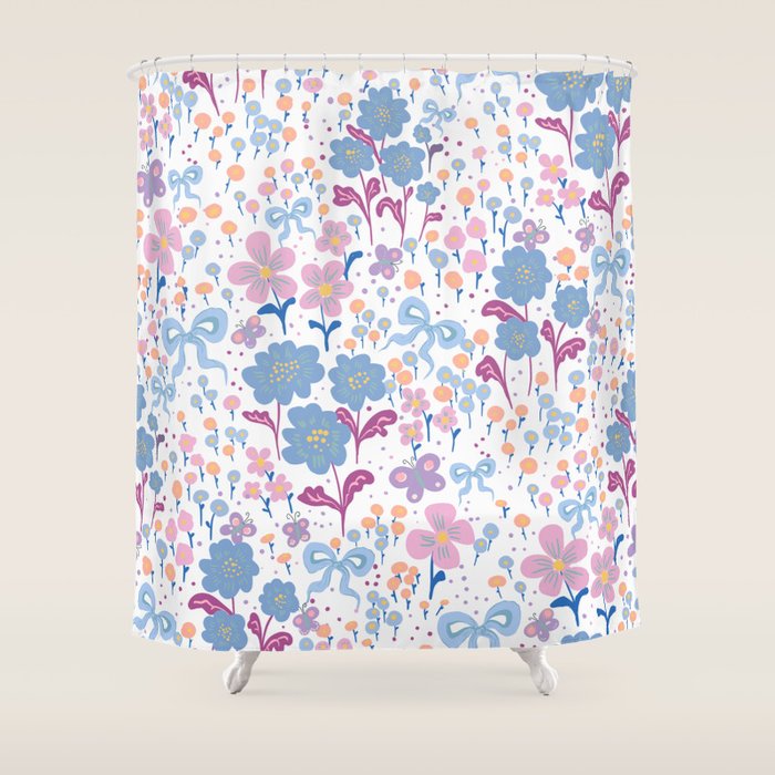 Playful Floral Garden Pattern  Pink Blue and Lavender Flowers with Butterflies and Bows Shower Curtain Gallery Image 1