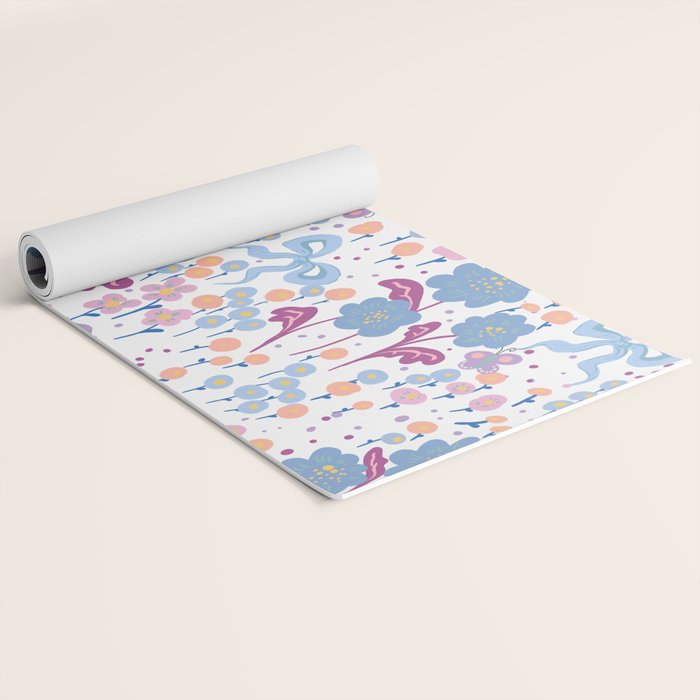 Playful Floral Garden Pattern  Pink Blue and Lavender Flowers with Butterflies and Bows Yoga Mat Gallery Image 2