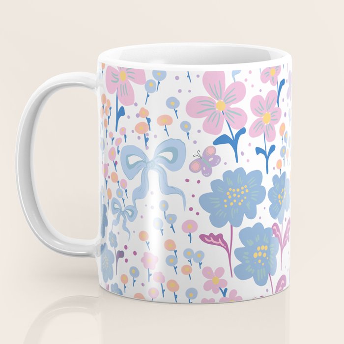 Playful Floral Garden Pattern  Pink Blue and Lavender Flowers with Butterflies and Bows Coffee Mug Gallery Image 3