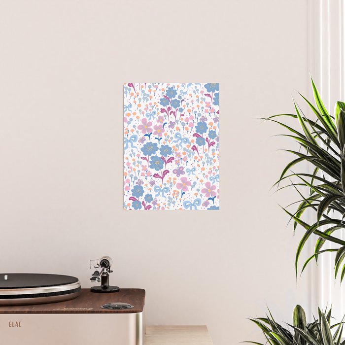 Playful Floral Garden Pattern  Pink Blue and Lavender Flowers with Butterflies and Bows Poster Gallery Image 2