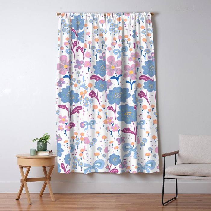 Playful Floral Garden Pattern  Pink Blue and Lavender Flowers with Butterflies and Bows Window Curtain Gallery Image 1