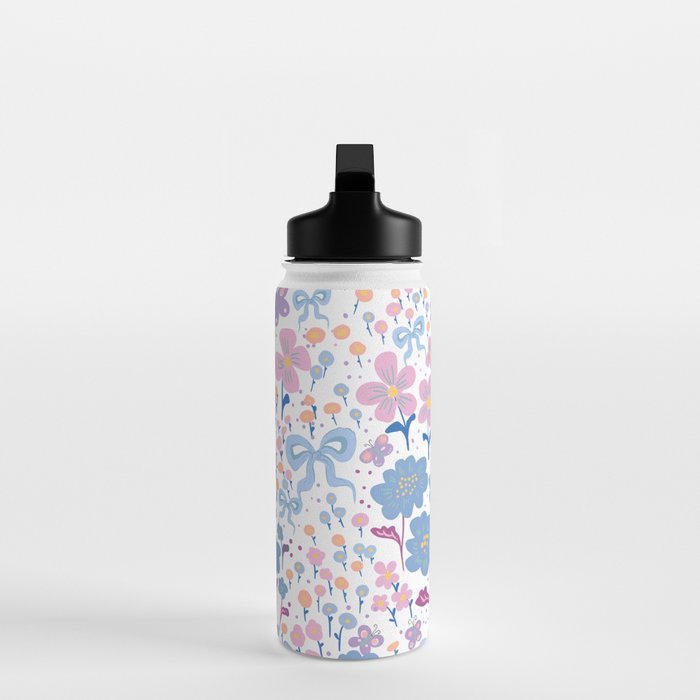 Playful Floral Garden Pattern  Pink Blue and Lavender Flowers with Butterflies and Bows Water Bottle Gallery Image 3