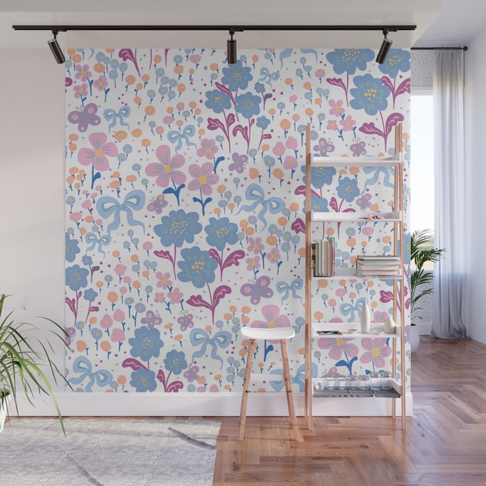 Playful Floral Garden Pattern  Pink Blue and Lavender Flowers with Butterflies and Bows Wall Mural Gallery Image 1