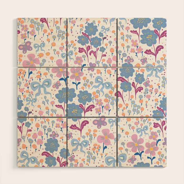 Playful Floral Garden Pattern  Pink Blue and Lavender Flowers with Butterflies and Bows Wood Wall Art Gallery Image 1