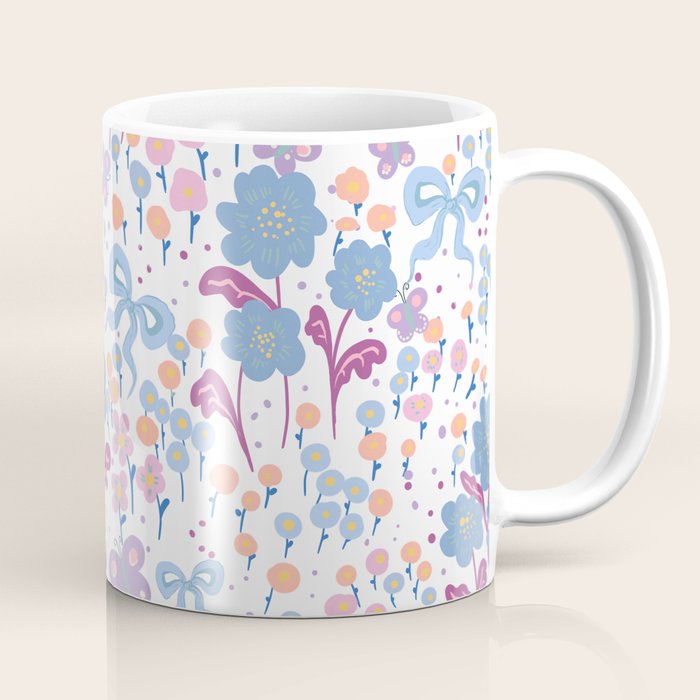 Playful Floral Garden Pattern  Pink Blue and Lavender Flowers with Butterflies and Bows Coffee Mug Gallery Image 1