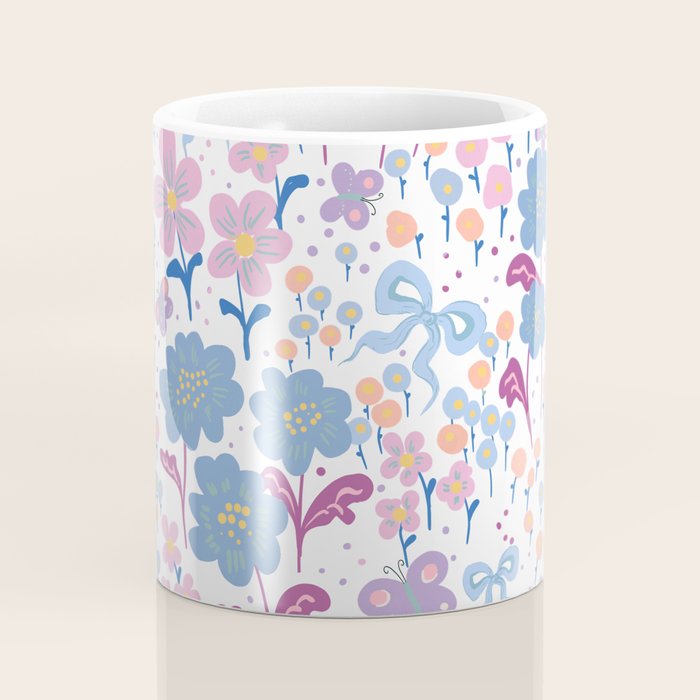 Playful Floral Garden Pattern  Pink Blue and Lavender Flowers with Butterflies and Bows Coffee Mug Gallery Image 4