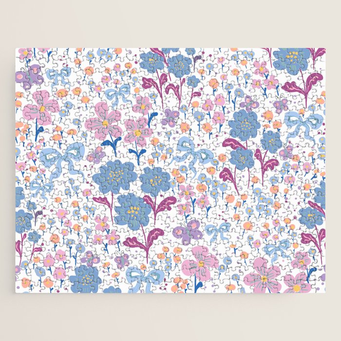 Playful Floral Garden Pattern  Pink Blue and Lavender Flowers with Butterflies and Bows Jigsaw Puzzle Gallery Image 1