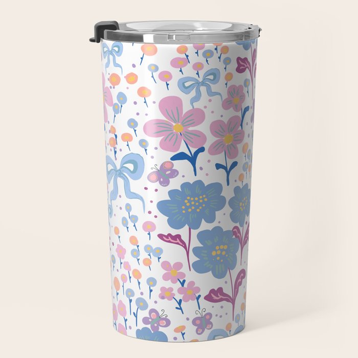 Playful Floral Garden Pattern  Pink Blue and Lavender Flowers with Butterflies and Bows Travel Mug Gallery Image 3