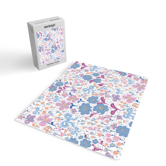 Playful Floral Garden Pattern  Pink Blue and Lavender Flowers with Butterflies and Bows Jigsaw Puzzle Gallery Image 2