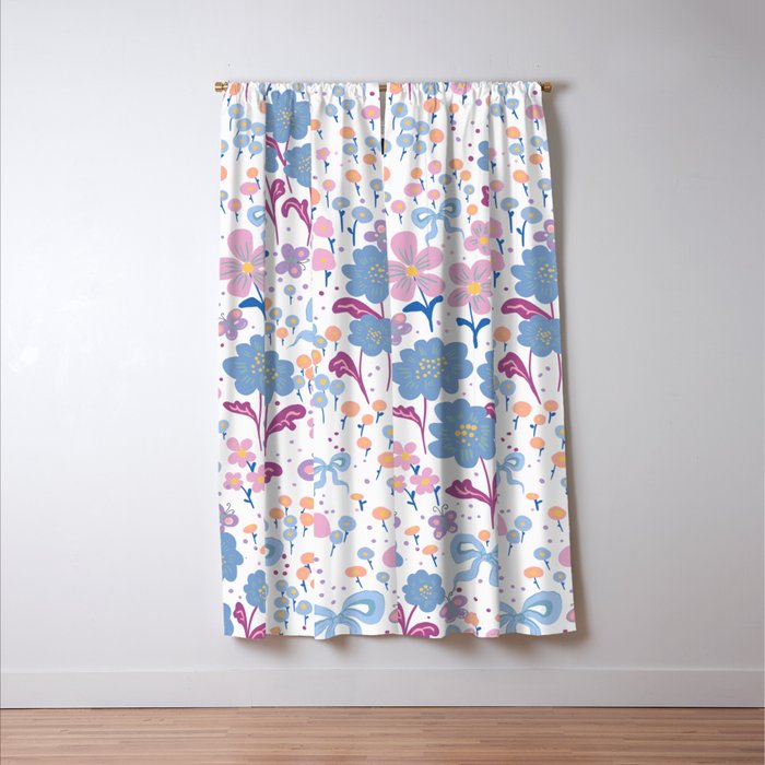 Playful Floral Garden Pattern  Pink Blue and Lavender Flowers with Butterflies and Bows Window Curtain Gallery Image 3
