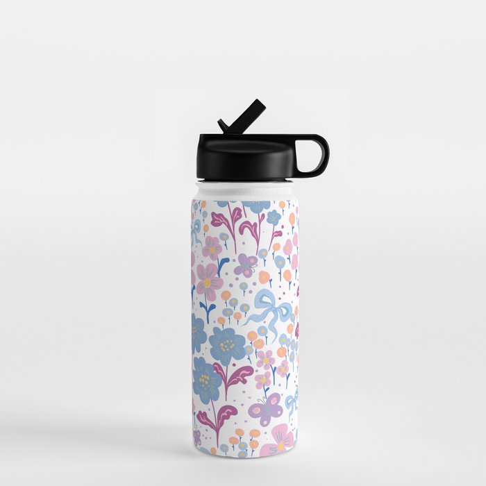 Playful Floral Garden Pattern  Pink Blue and Lavender Flowers with Butterflies and Bows Water Bottle Gallery Image 1