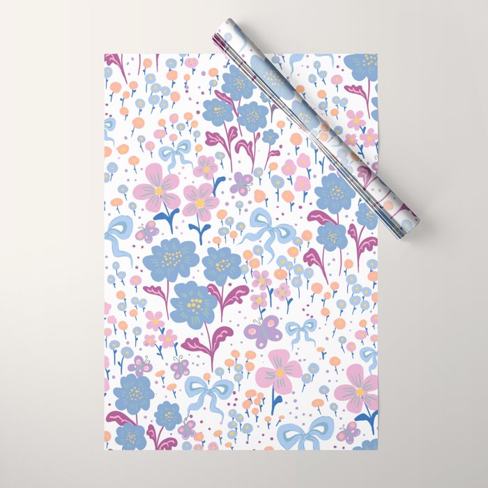 Playful Floral Garden Pattern  Pink Blue and Lavender Flowers with Butterflies and Bows Wrapping Paper Gallery Image 1