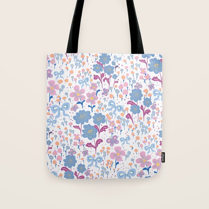 Playful Floral Garden Pattern  Pink Blue and Lavender Flowers with Butterflies and Bows Tote Bag Gallery Image 1