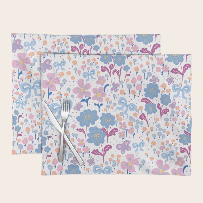 Playful Floral Garden Pattern  Pink Blue and Lavender Flowers with Butterflies and Bows Placemat Gallery Image 1