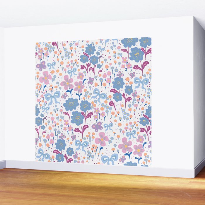 Playful Floral Garden Pattern  Pink Blue and Lavender Flowers with Butterflies and Bows Wall Mural Gallery Image 2