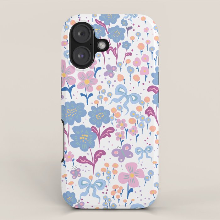 Playful Floral Garden Pattern  Pink Blue and Lavender Flowers with Butterflies and Bows iPhone Case Gallery Image 1