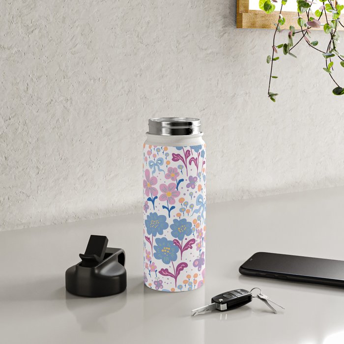 Playful Floral Garden Pattern  Pink Blue and Lavender Flowers with Butterflies and Bows Water Bottle Gallery Image 4