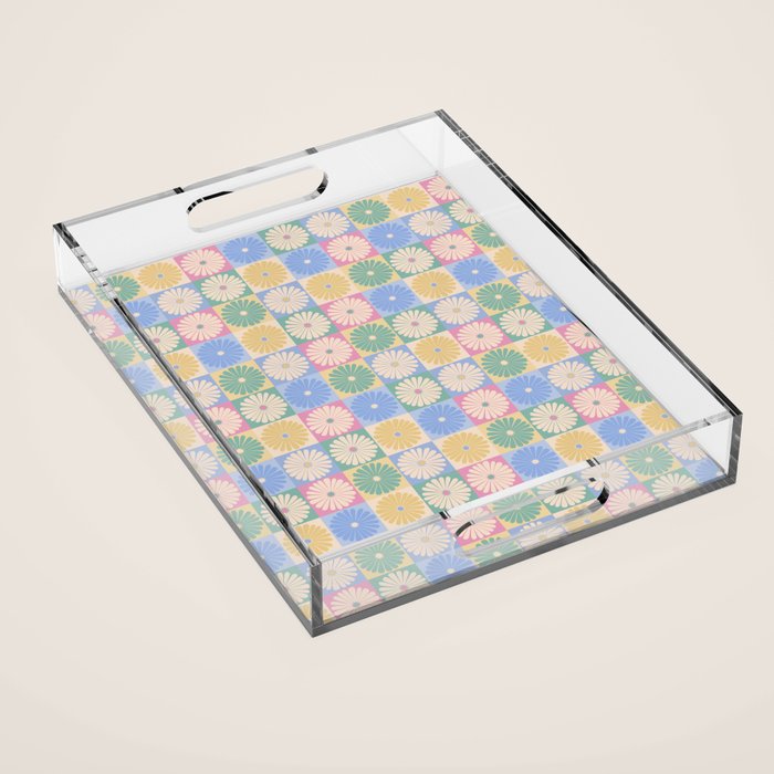 Retro Flowers Check Pattern XXIV Acrylic Tray Gallery Image 1