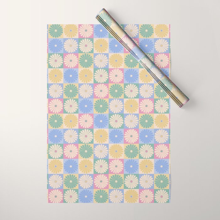 Retro Flowers Check Pattern XXIV Wrapping Paper Gallery Image 1