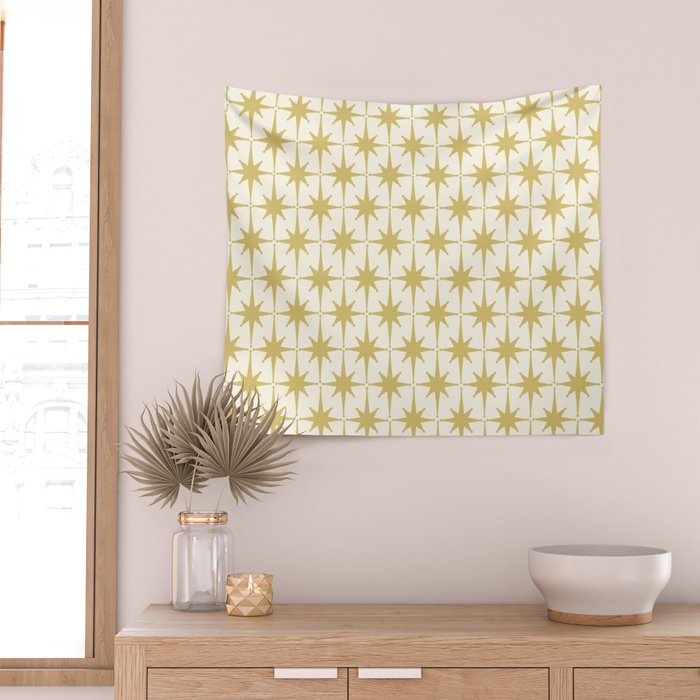 Midcentury Modern Atomic Starburst Pattern in Retro Gold and Cream Tones Wall Tapestry Gallery Image 2