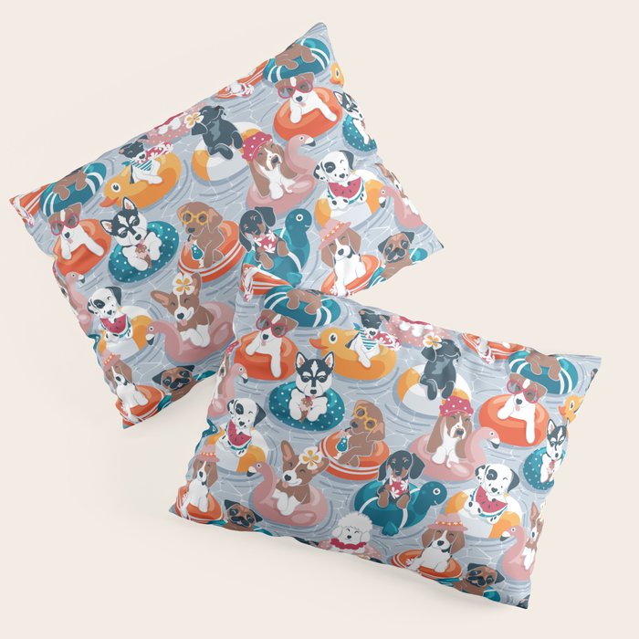 Summer pool pawty // pastel blue background dog breeds in vacations playing on swimming pool floats // Labrador beagle dachshund jack Russell Dalmatian welsh corgi pug greyhound basset hound husky  Pillow Sham Gallery Image 3