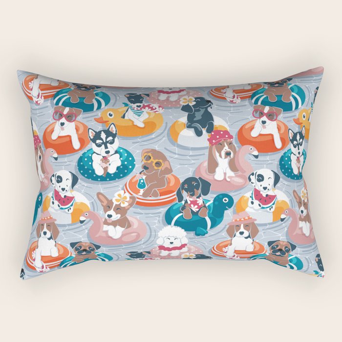 Summer pool pawty // pastel blue background dog breeds in vacations playing on swimming pool floats // Labrador beagle dachshund jack Russell Dalmatian welsh corgi pug greyhound basset hound husky  Rectangular Pillow Gallery Image 2