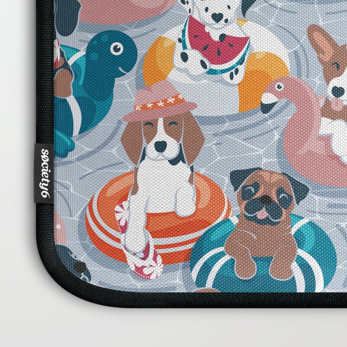 Summer pool pawty // pastel blue background dog breeds in vacations playing on swimming pool floats // Labrador beagle dachshund jack Russell Dalmatian welsh corgi pug greyhound basset hound husky  Laptop Sleeve Gallery Image 3