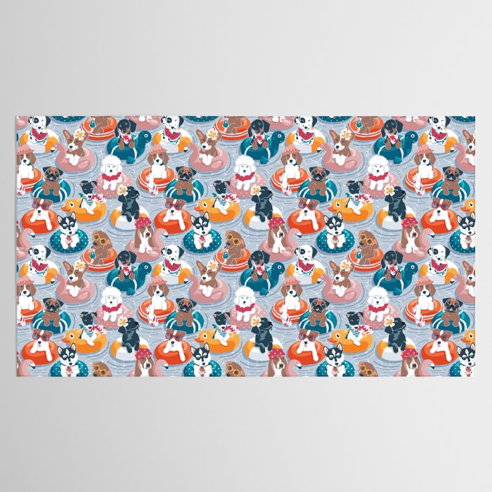 Summer pool pawty // pastel blue background dog breeds in vacations playing on swimming pool floats // Labrador beagle dachshund jack Russell Dalmatian welsh corgi pug greyhound basset hound husky  Tablecloth Gallery Image 2